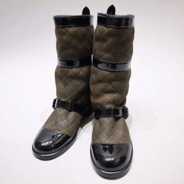 良品 CHANEL シャネル マトラッセ ステッチ ベルト ボア ムートン ブーツ 35 1/2 イタリア製 正規品