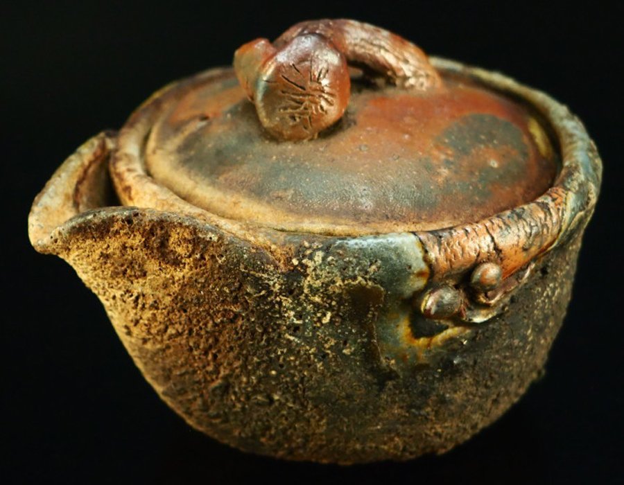 【治】備前焼　霊芝摘宝瓶☆急須　茶瓶　手捻り　窯変　煎茶道具　OG011