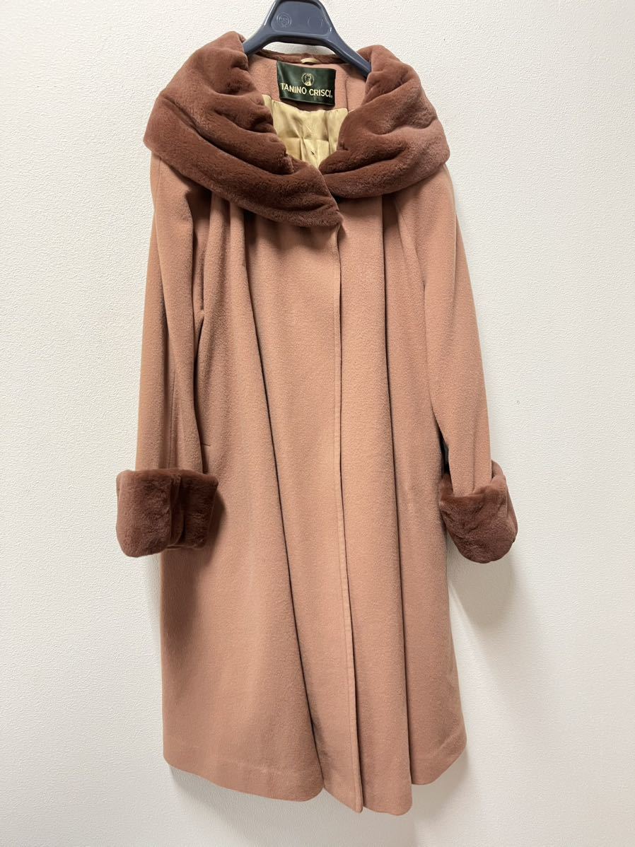 80'sビンテージTANINO CRISCI イタリア製カシミヤウール ファー 付きロングコート Aライン