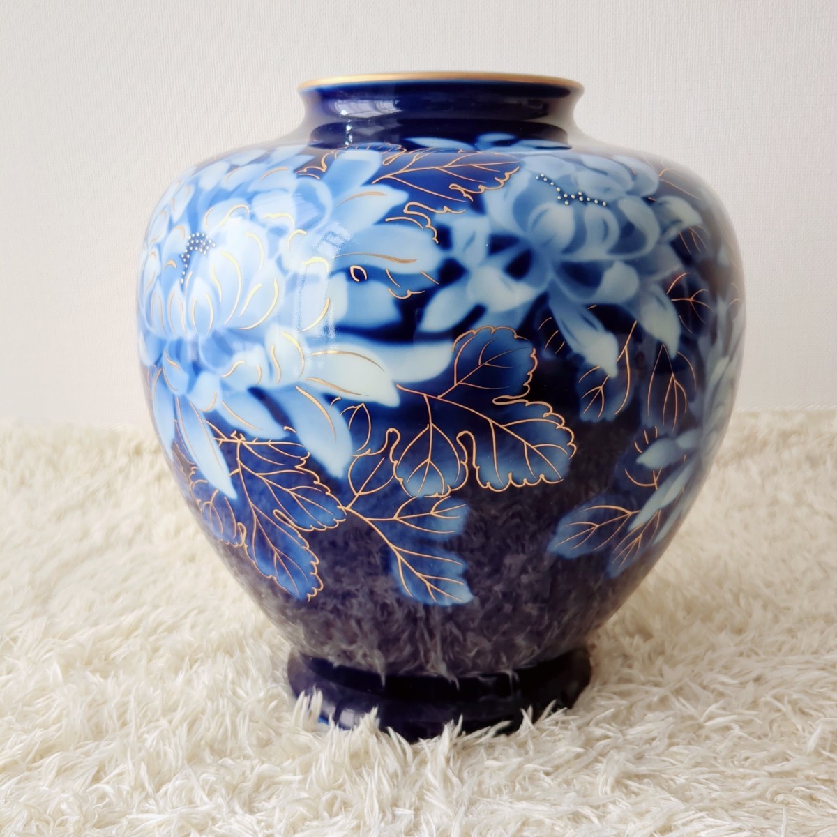 美品 深川製磁 有田焼 全面瑠璃菊染付 ルリ菊 花生 壺 花器