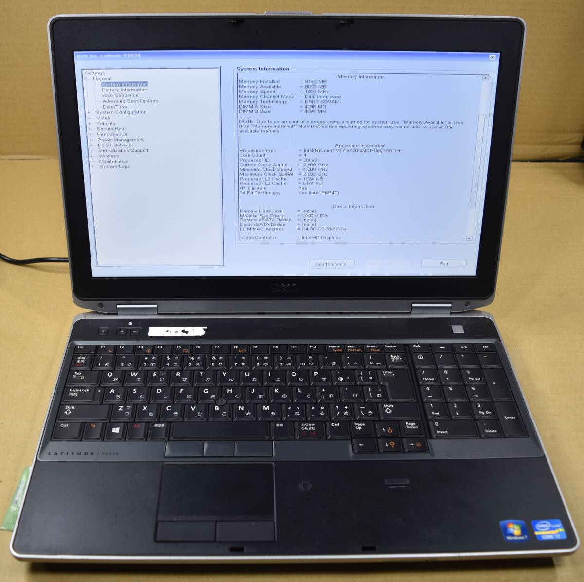 送料無料]ジャンク DELL LATITUDE E6530 CPU:i7-3720M メモリー:8GB