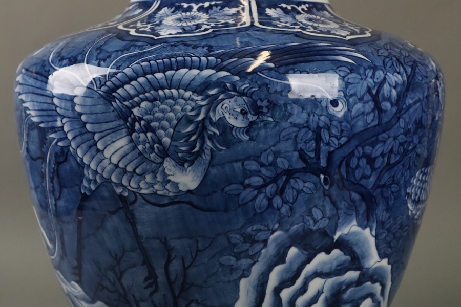 有田焼名工 肥前 峯右衛門作 染付 鳳凰図 特大花瓶 高59cm 飾