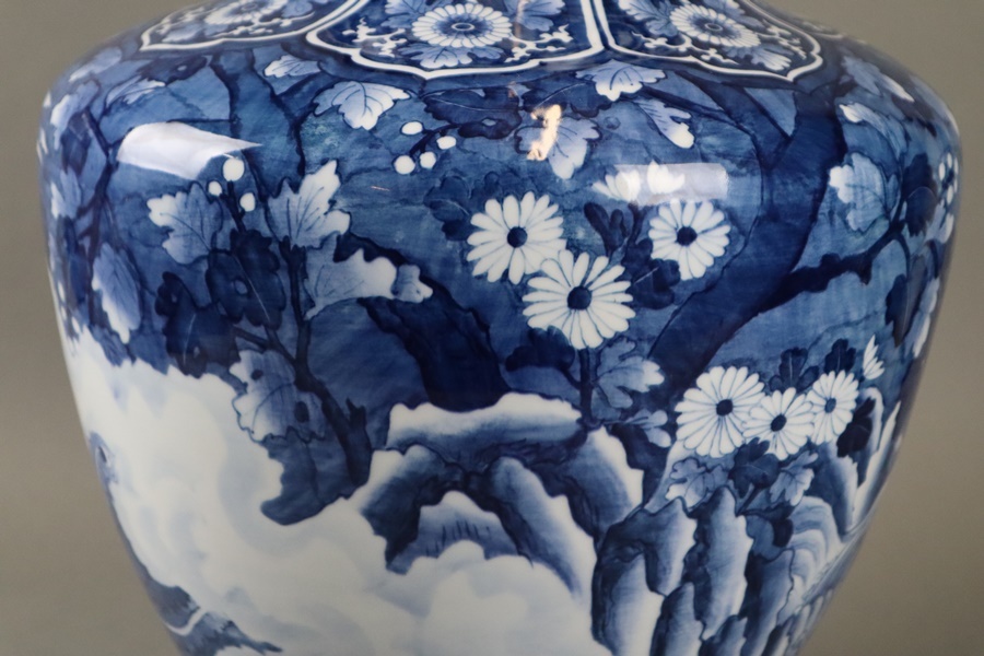 有田焼名工 肥前 峯右衛門作 染付 鳳凰図 特大花瓶 高59cm 飾壷 細密