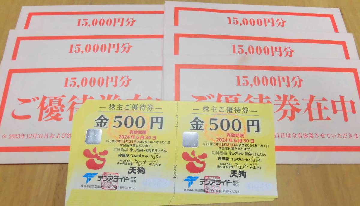 ☆送料無料☆最新　天狗　神田屋　和食れすとらん　等　テンアライド株主優待券９万円分（500円×180枚）　