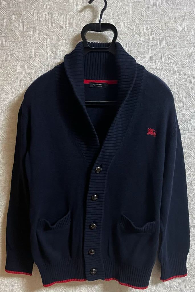 サイズ3 BURBERRY BLACK LABEL ショールカラー コットンニット カーディガン バーバリーブラックレーベル くるみボタン ネイビー