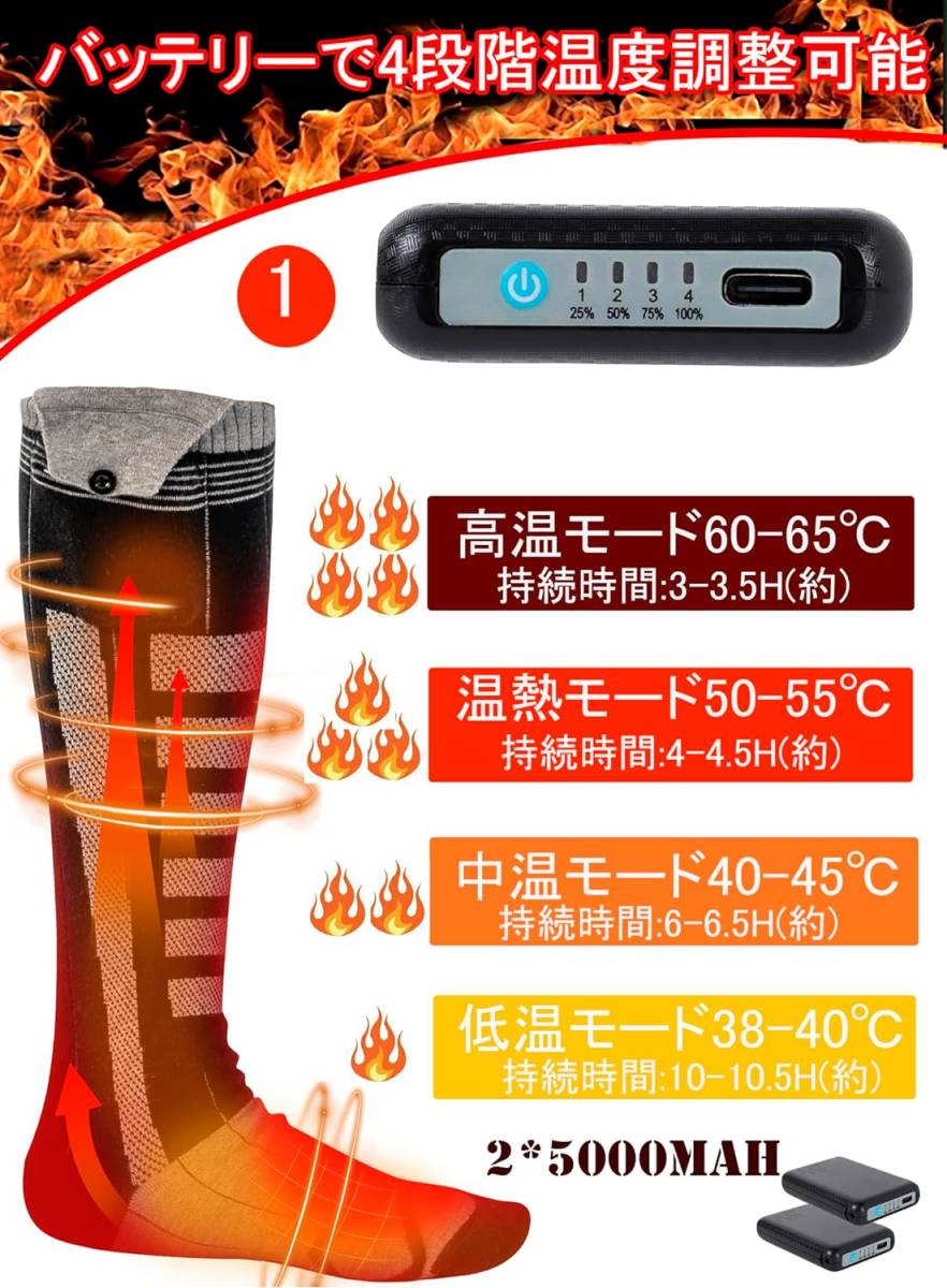 送料無料/即決】 TNAE 電熱ソックス 靴下 2足分 (ブラック&グレー 
