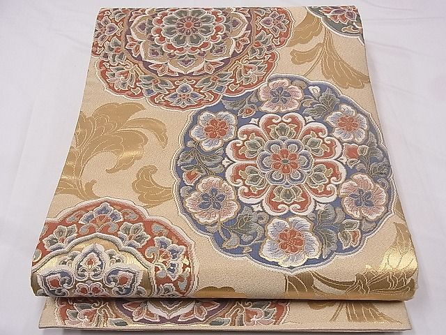 平和屋1□両面 丸帯 正倉院花文 金糸 逸品 1fb0641 金糸 正絹