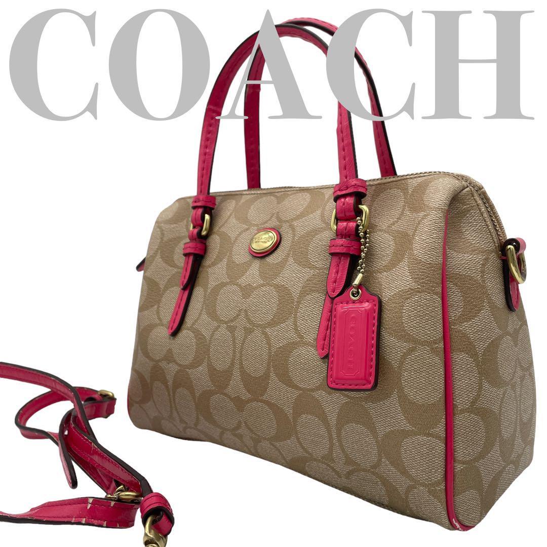 美品 COACH コーチ シグネチャー 2way ショルダーバッグ F18035 COACH コーチ シグネチャー 2wayショルダー PVCレザー ミニボストン