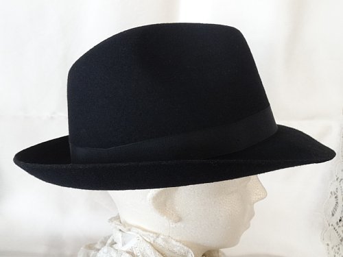 Grace 中古 (ほぼ未使用) イギリス製 老舗 フェイルスワース (Failsworth) ウール100% ブラック 中折れハット (裏地付き) 頭周り59cm 美品