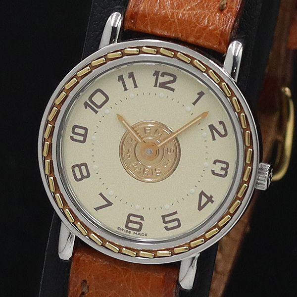 1円 稼働 良品 エルメス QZ SE4.220 セリエ ラウンド アイボリー文字盤 レディース腕時計 BJT 0080300YSD