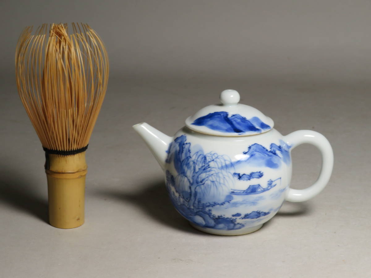 煎茶道具◇京焼 名工「平安 春峰」造 染付漢詩山水文後手茶注 ◇急須