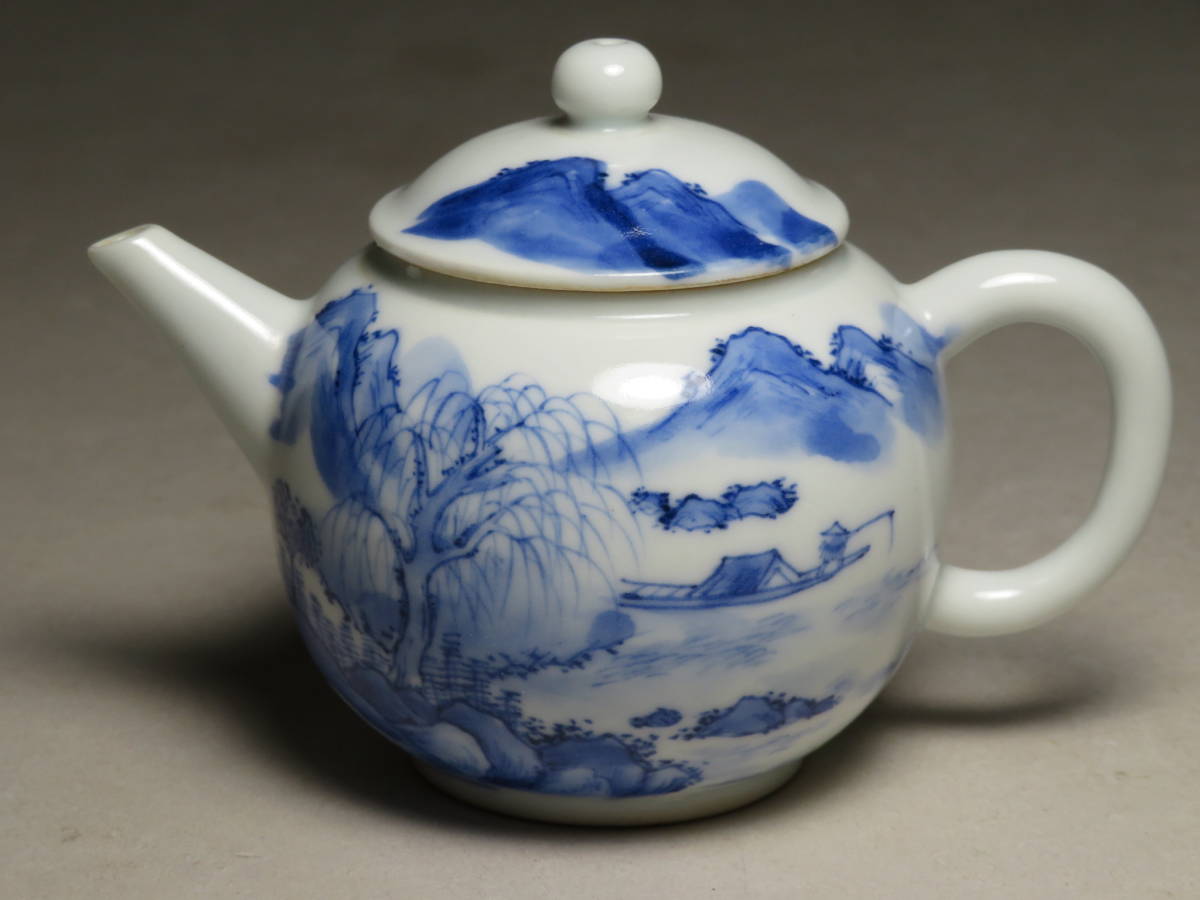 煎茶道具◇京焼 名工「平安 春峰」造 染付漢詩山水文後手茶注 ◇急須