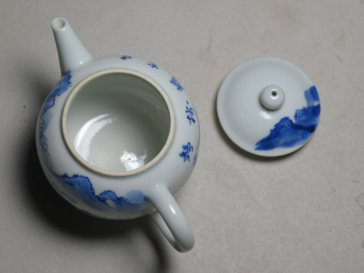 煎茶道具◇京焼 名工「平安 春峰」造 染付漢詩山水文後手茶注 ◇急須