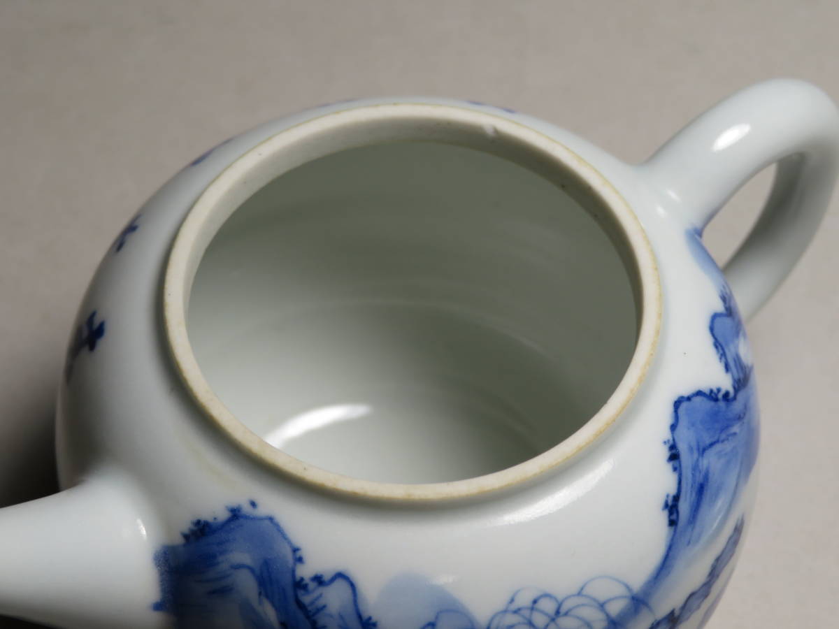 煎茶道具◇京焼 名工「平安 春峰」造 染付漢詩山水文後手茶注 ◇急須