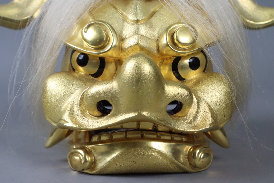 時代 獅子 彫刻 木彫 金塗 獅子頭 幅34cm 獅子舞 神楽面 神楽 祭礼