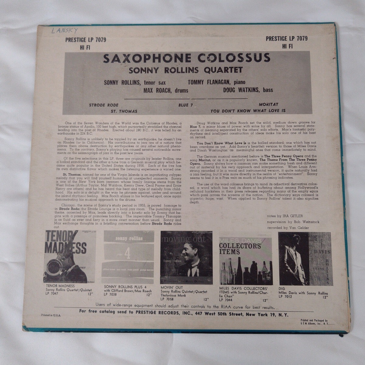 AO0301 美盤 オリジナル Sonny Rollins SAXOPHONE COLOSSUS PRLP7079