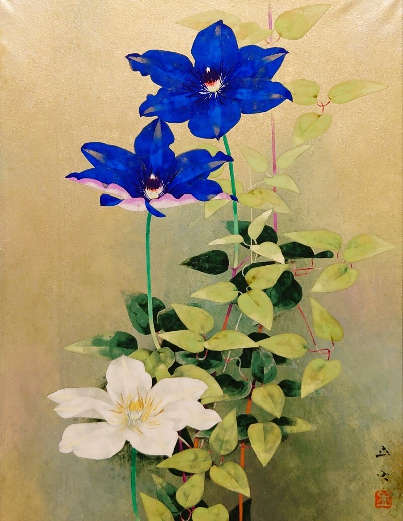 真作保証 小川立夫「鉄仙花」日本画 10号 共シール 年鑑290万 日展委嘱