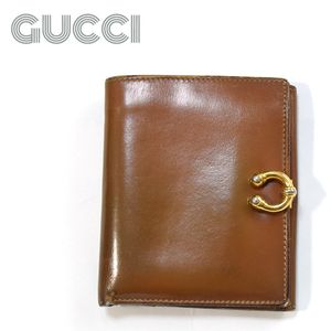 GUCCI■ホースビット金具Wホック折り財布　3つ折り財布　レザー　キャメルブラウン　グッ