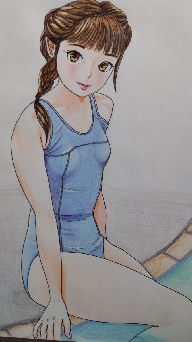 手描きイラスト オリジナル 原画B5サイズ 色鉛筆画 スク水スカイブルー