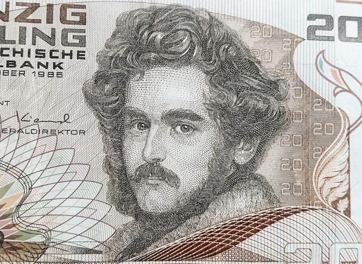W■N 世界の紙幣〈オーストリア〉【旧20シリング紙幣】透かし有り 画家モリッツ・M・ダフィンガー肖像 現地入手品 現状品 コレクション_4