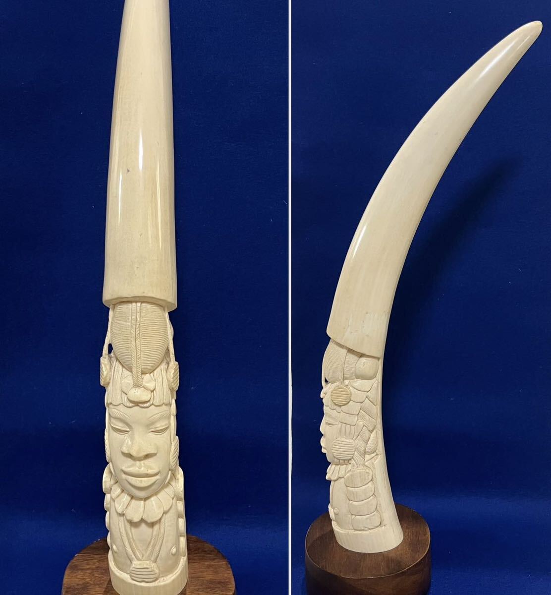 象牙風置物 レプリカ 練り物　オブジェ 一本牙 全長100cm 象牙風 一本牙 置物 白材芯料 天然素材 長さ 約65cm 重量4.0kg 彫刻