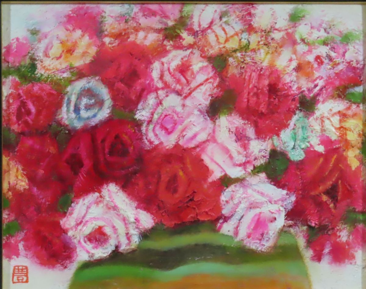 真作「穂高」 実力作家人気 国画会会員 佐々木豊 「薔薇図」油彩 3号
