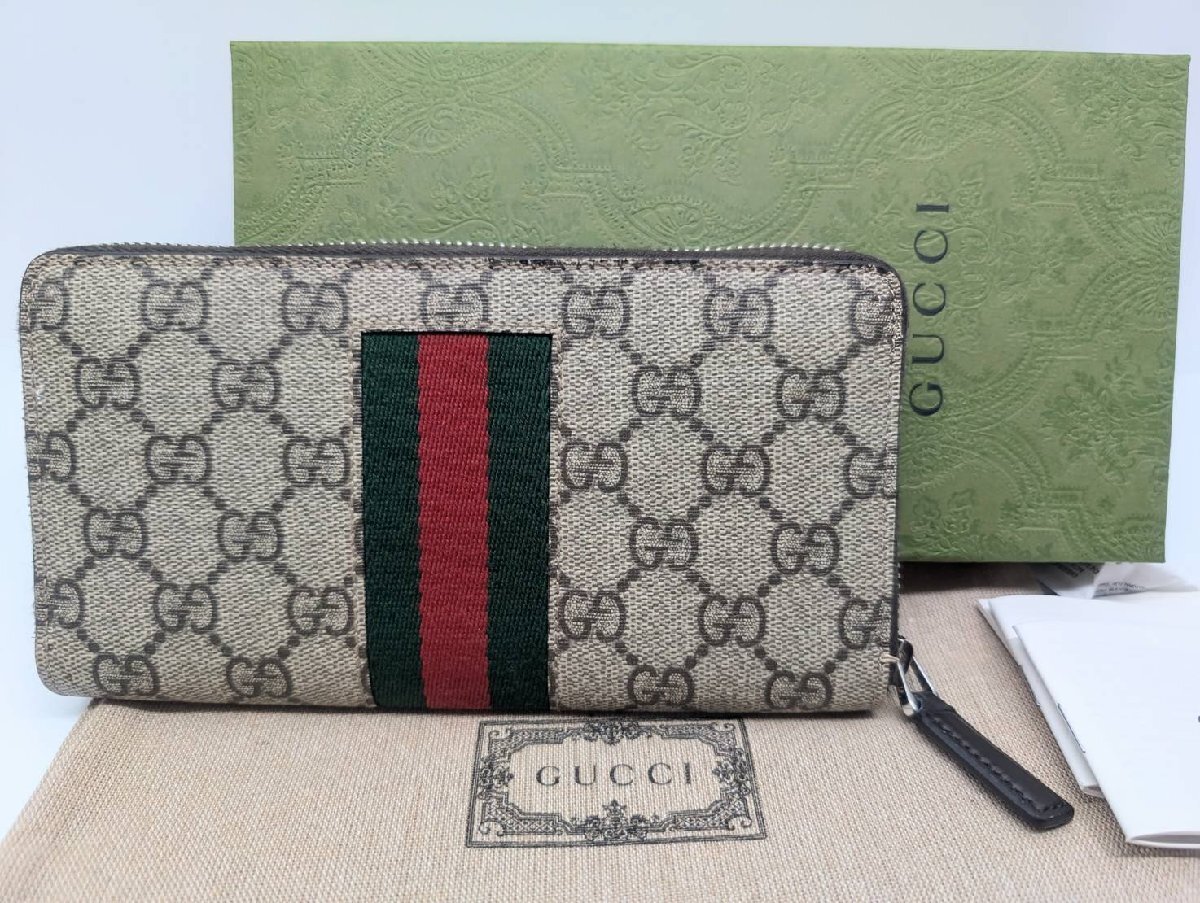 Θ美品【GUCCI グッチ ウェビングライン GGスプリーム ラウンドジップ 長財布 779870 493075 メンズ レディース ベージュ 】HM1390