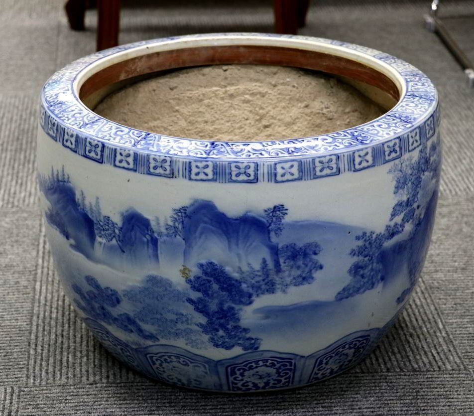 1円～ 【火鉢】中国骨董 染付山水 中国美術 大型火鉢 直径 約45㎝ 高さ