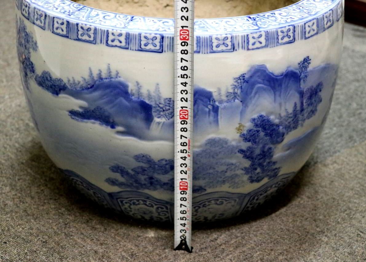 1円～ 【火鉢】中国骨董 染付山水 中国美術 大型火鉢 直径 約45㎝ 高さ