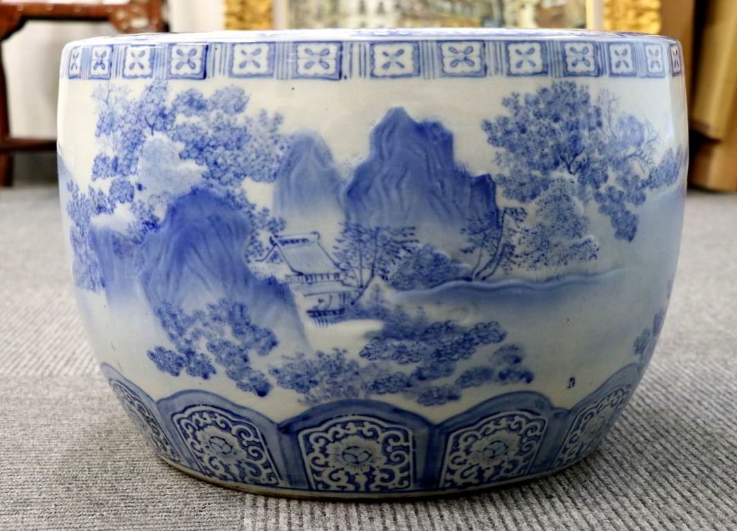 1円～ 【火鉢】中国骨董 染付山水 中国美術 大型火鉢 直径 約45㎝ 高さ