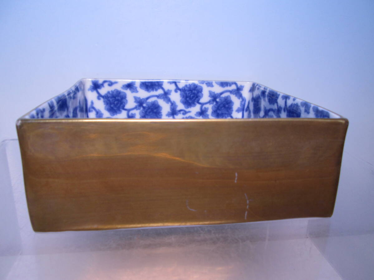 1円～ 京焼 加藤藤城 (造) 染付輪花 桶側水指 18cm 真塗誂え蓋 共箱