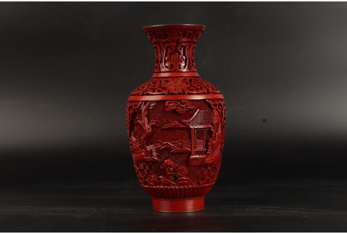 URA]中国美術/堆朱山水風景花唐草彫花瓶/H17.8cm/7-12-54 (検索)骨董 