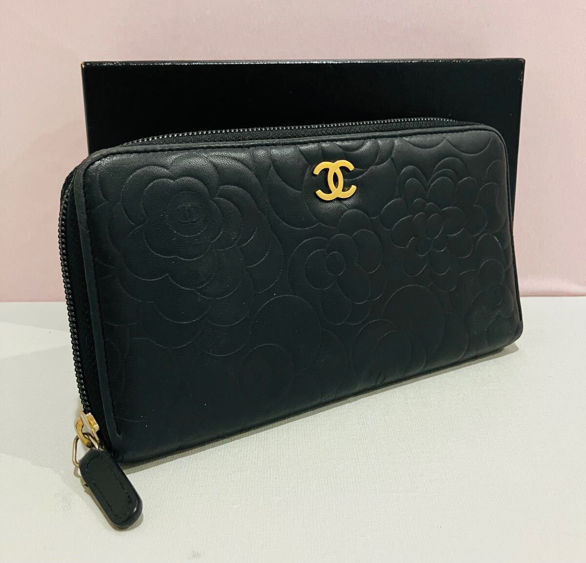 CHANEL 極上美品 カメリア ブラック レザー 長財布 ココマーク