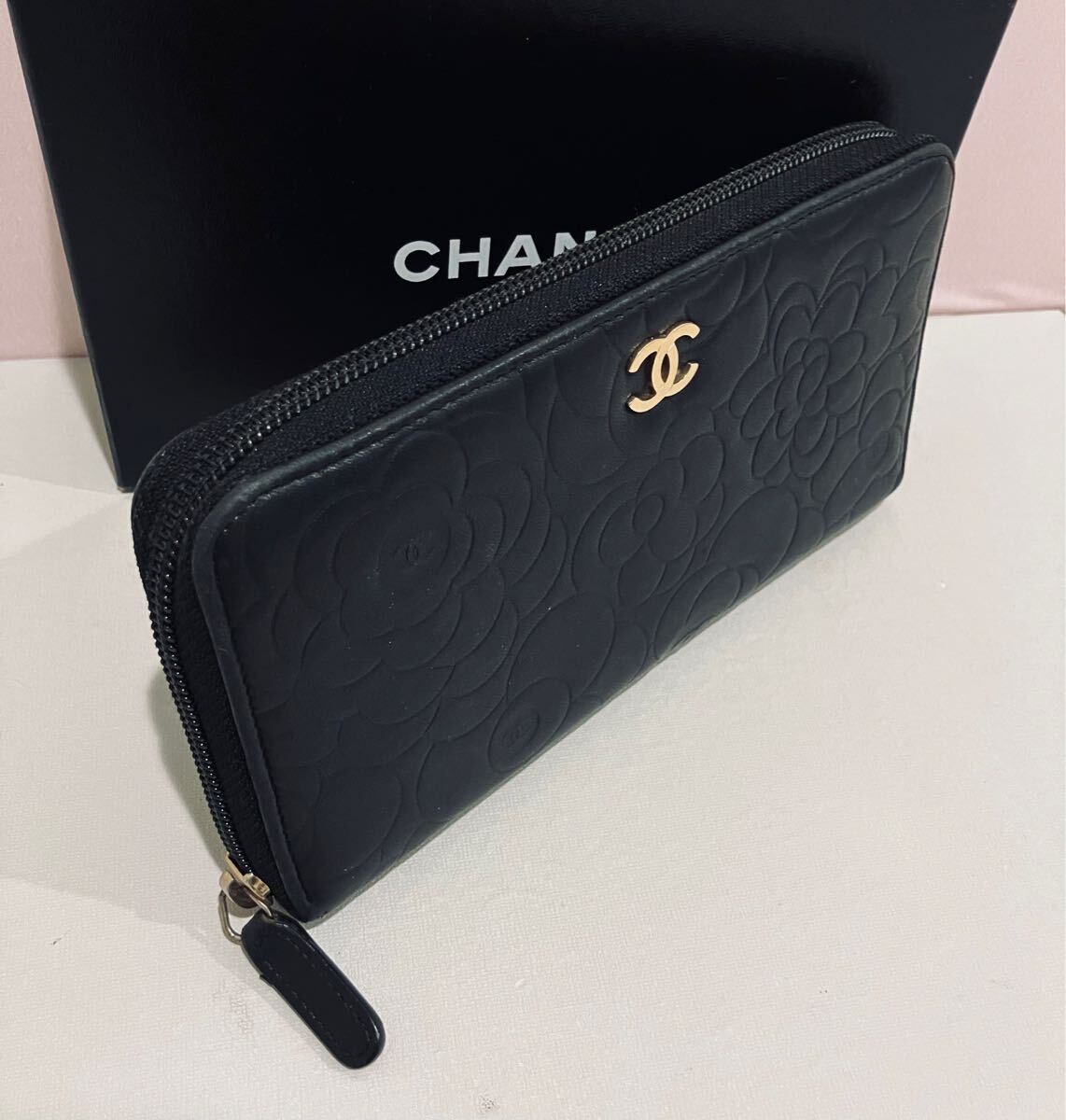 CHANEL 極上美品 カメリア ブラック レザー 長財布 ココマーク