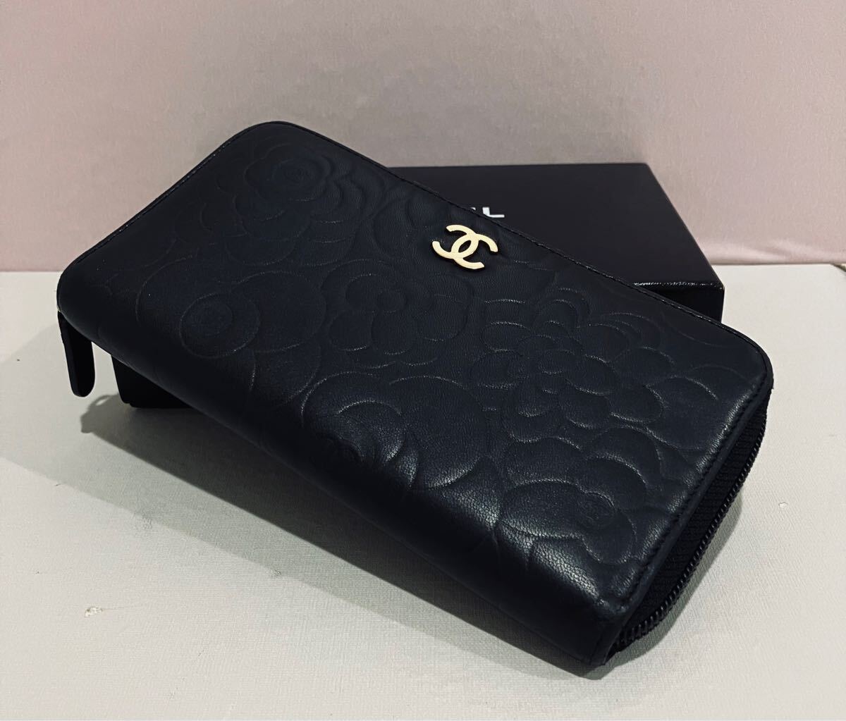 CHANEL 極上美品 カメリア ブラック レザー 長財布 ココマーク