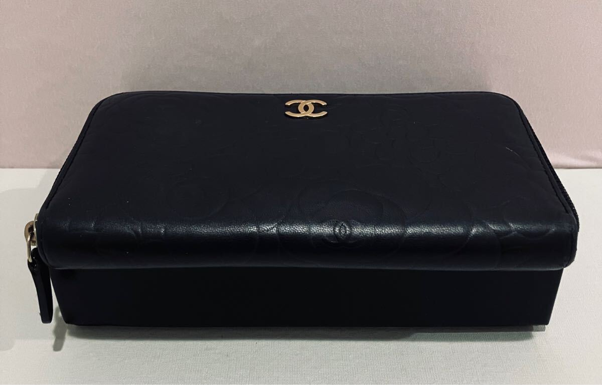 CHANEL 極上美品 カメリア ブラック レザー 長財布 ココマーク