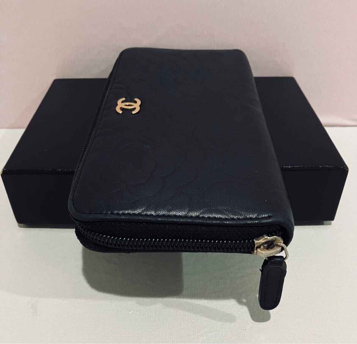 CHANEL 極上美品 カメリア ブラック レザー 長財布 ココマーク