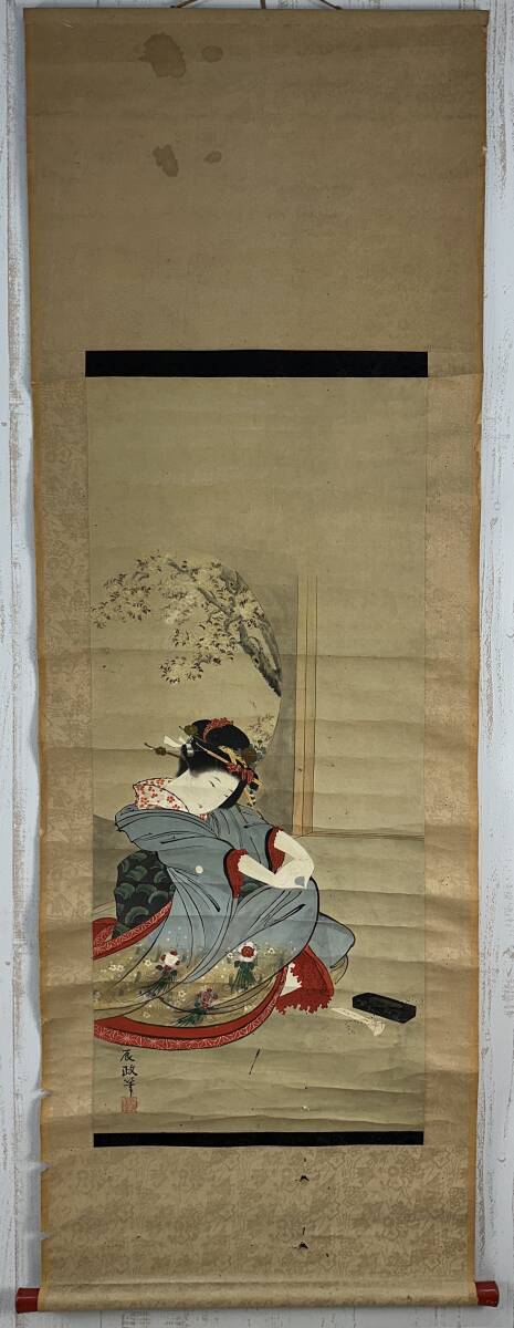模写】掛軸 【葛飾北斎】『浮世絵美人』「北斎辰政画」落款 紙本 江戸