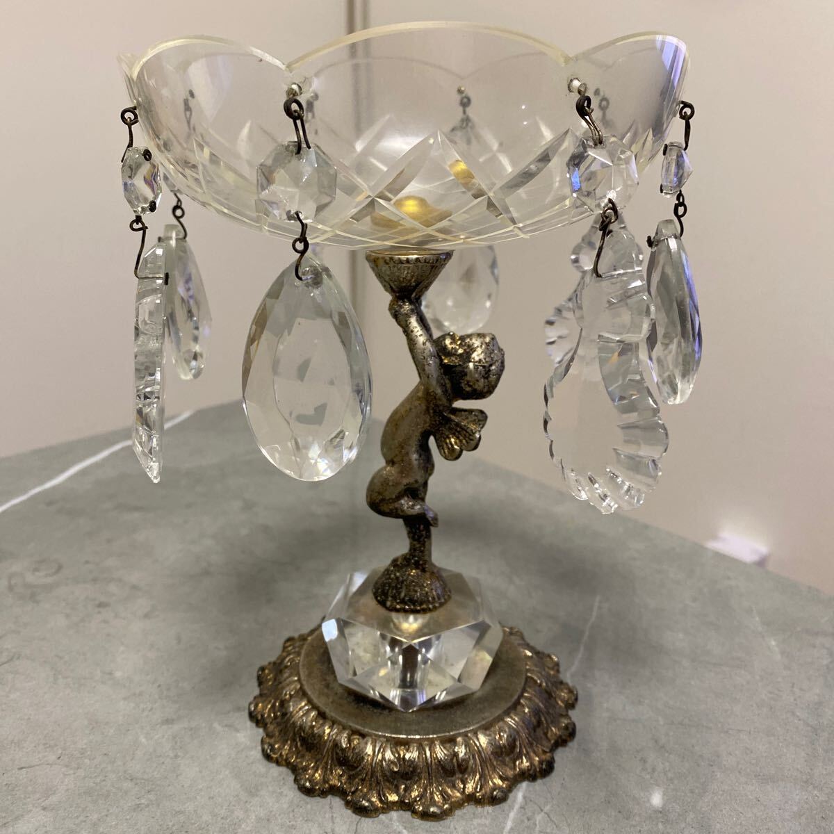 アンティーク　コンポート　天使　シャンデリア　シルバー　カットガラス　優美　イギリス？　フランス？_1