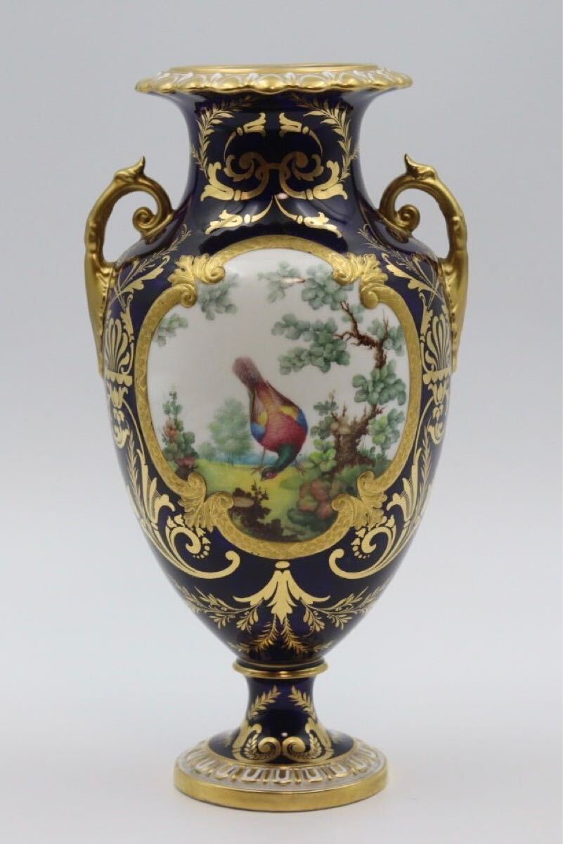 ロイヤルクラウンダービー ROYAL CROWN DERBY 瑠璃色絵 金彩 鳥図 耳付