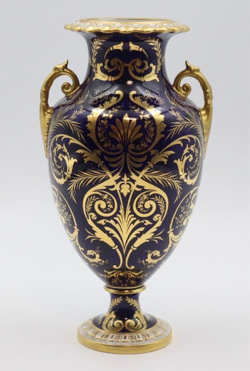 ロイヤルクラウンダービー ROYAL CROWN DERBY 瑠璃色絵 金彩 鳥図 耳付