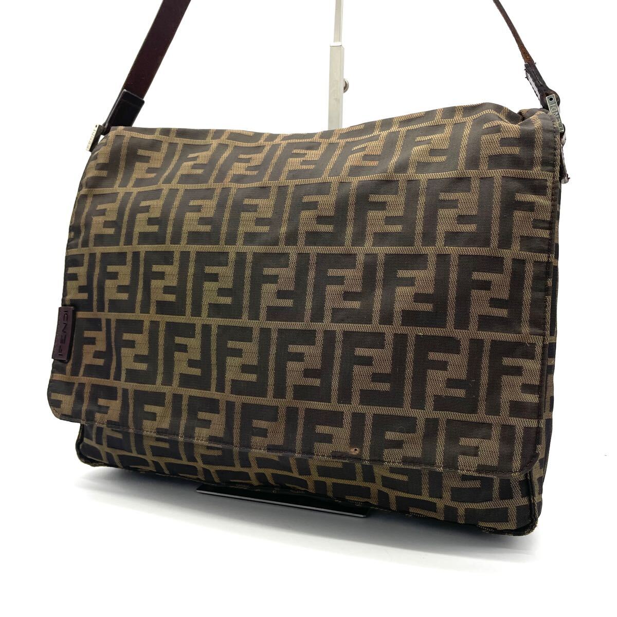 1円 フェンディ FENDI ショルダーバッグ キャンバス レザー ズッカ柄 