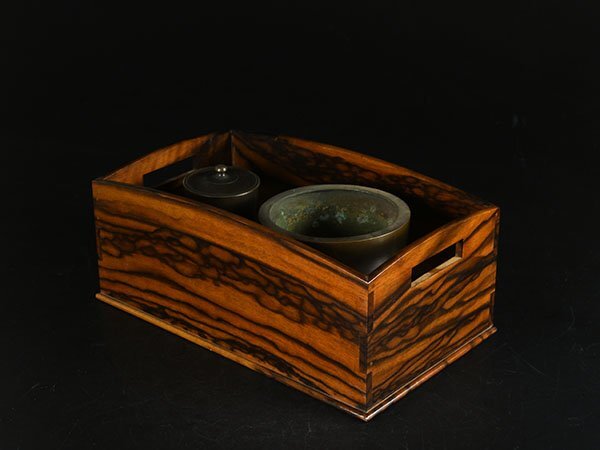 【加】1598e 時代 喫煙具 黒柿 煙草盆一式 / 莨盆 銅製火入 灰吹_2