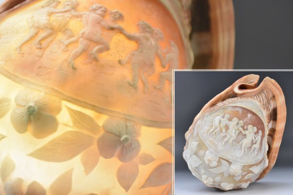 シェルカメオ 貝殻ライト 卓上照明 アンティーク カメオランプ シェルランプ 照明 貝彫刻 デスクライト 天使 花柄 レトロ Aa-307G_1