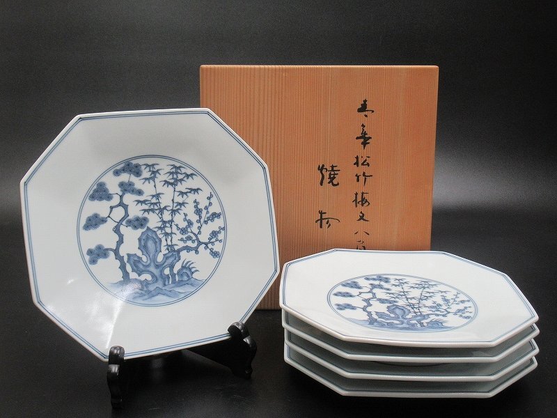 買い物 D0225 宮永東山 青華 松竹梅文 八角 焼物皿 5客 共箱