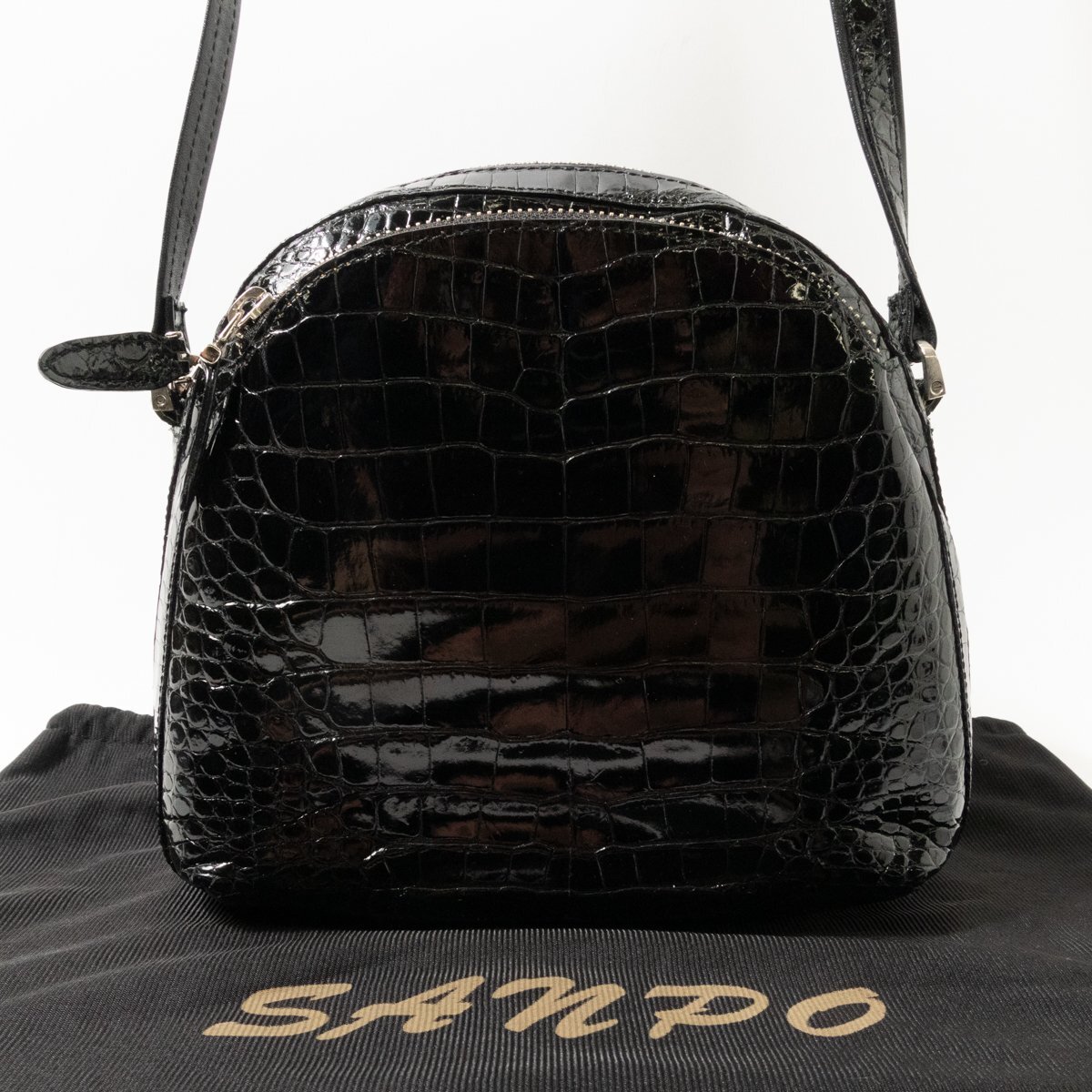 未使用近い□ SANPO JRA認定クロコダイル ショルダーバッグ 焦茶 最 