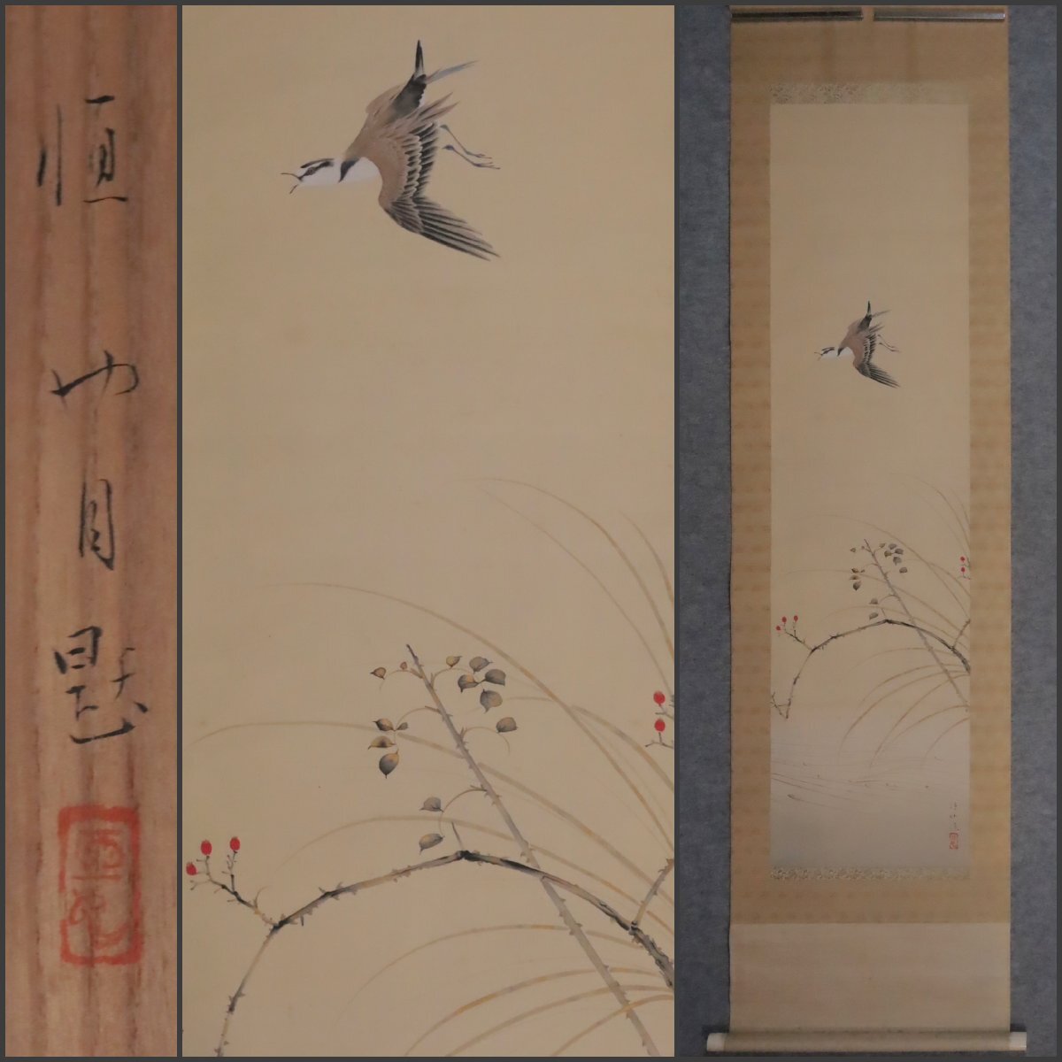 川合玉堂／寺崎工業（シロサギ／コウモリ）花鳥 画　紙本　双幅　掛軸 模写】吉】12079 井上恒也 花鳥図 まくり 共箱 寺崎広業・川合玉堂師事