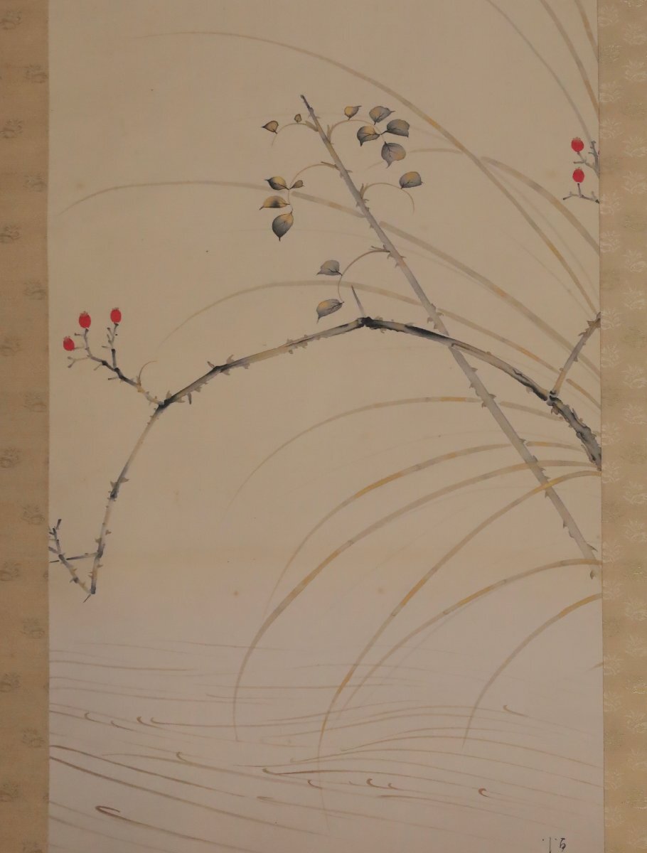 模写】吉】12079 井上恒也 花鳥図 まくり 共箱 寺崎広業・川合玉堂師事