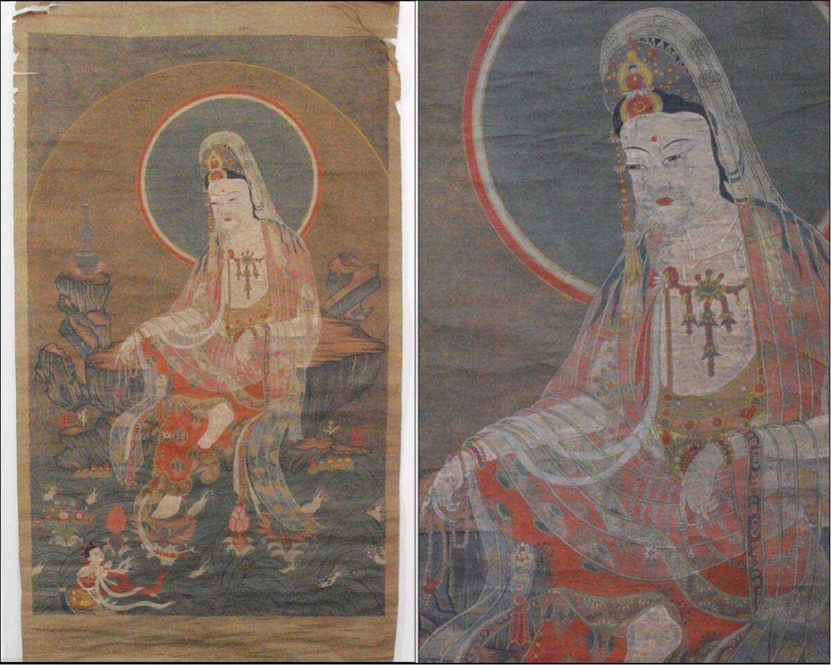 朝鮮特集 高麗仏画 水月観音坐像 真筆 紙本 仏画 古画 まくり 仏教美術