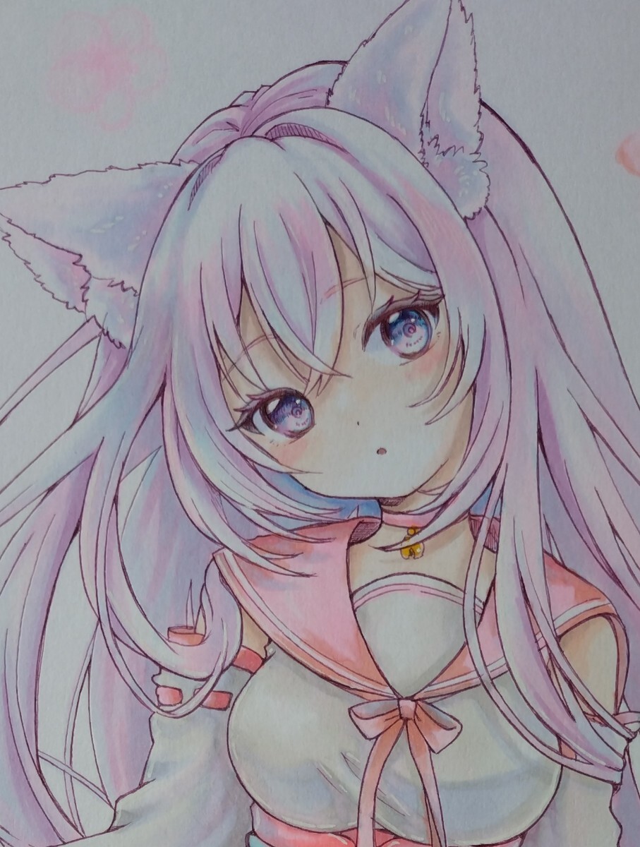 オリジナル手描きイラスト 女の子 白狐 尻尾 耳 ケモミミ 巫女 白髪